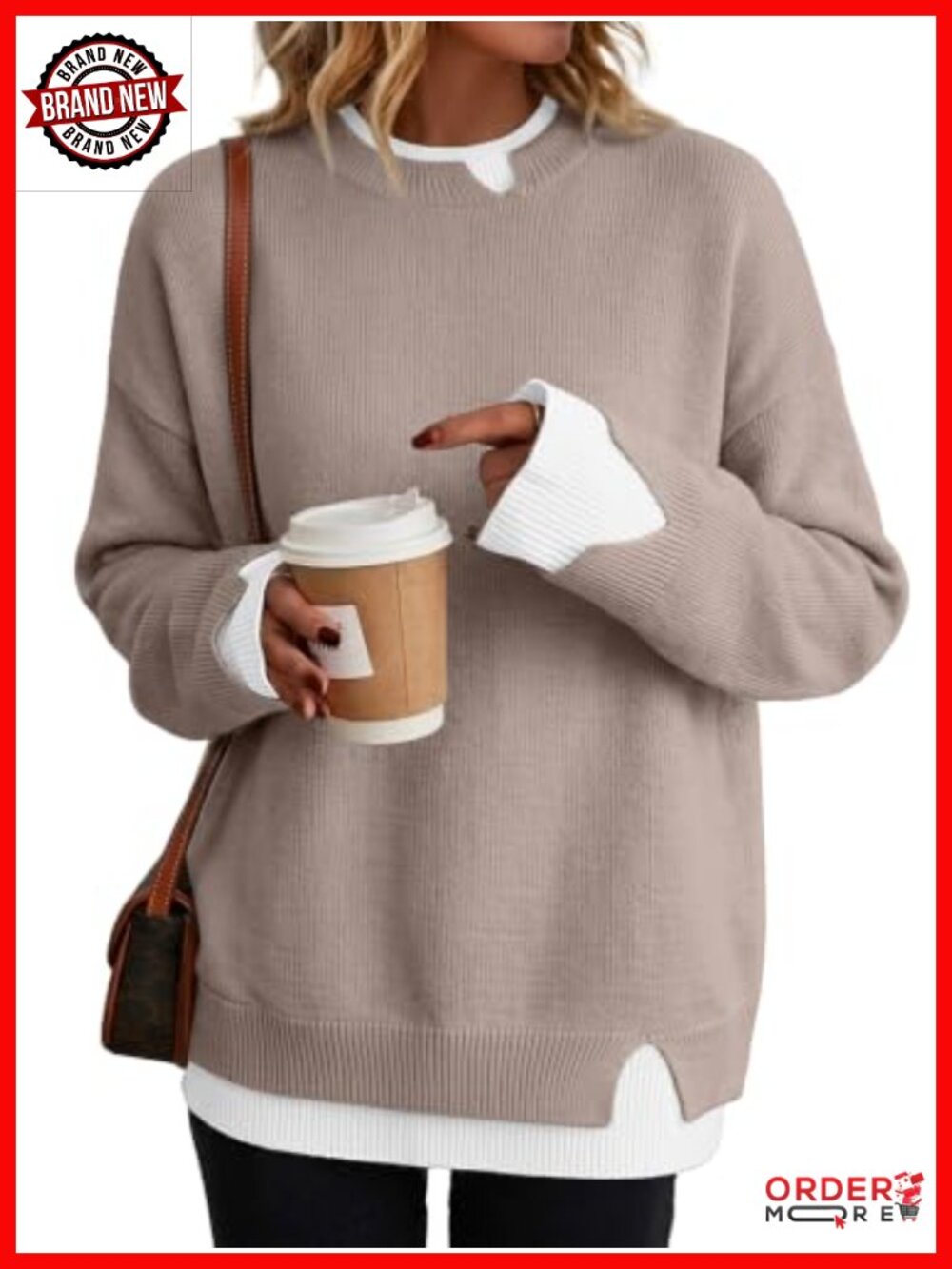 Oversized Patchwork Sweater Crew Neck Slit Cuffs Pullover Fall Teacher Outfit